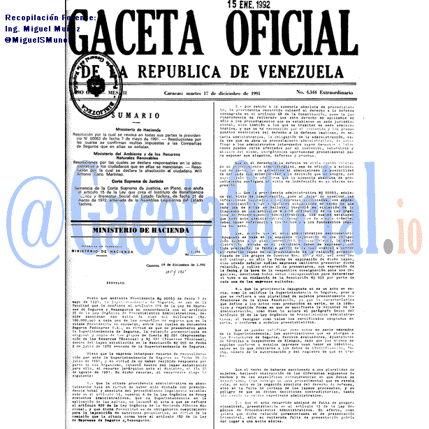 Gaceta Oficial 4344 del 17 Diciembre 1991