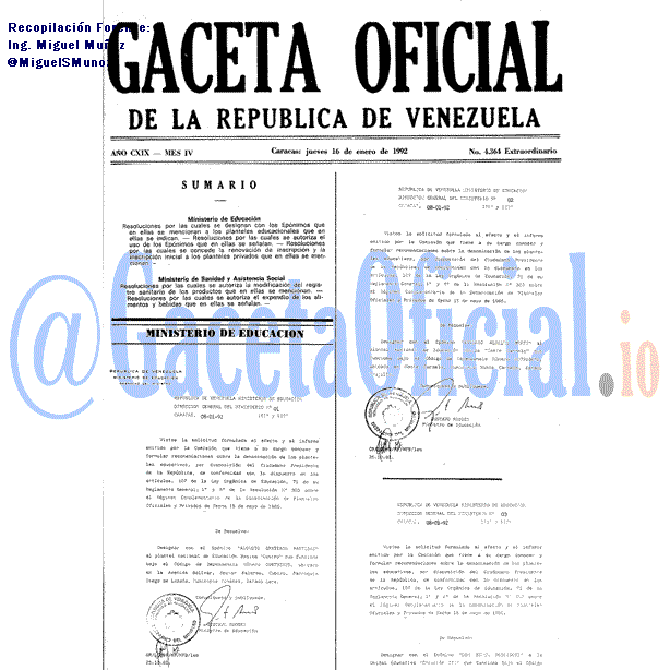 Gaceta Oficial 4364 del 16 Enero 1992