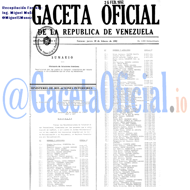 Gaceta Oficial 4386 del 20 Febrero 1992