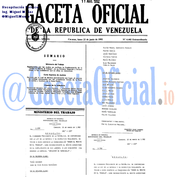 Gaceta Oficial 4442 del 22 Junio 1992