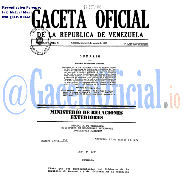 Gaceta Oficial 4459 del 31 Agosto 1992