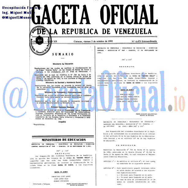 Gaceta Oficial 4473 del 2 Octubre 1992