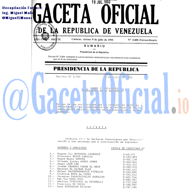 Gaceta Oficial 4606 del 9 Julio 1993