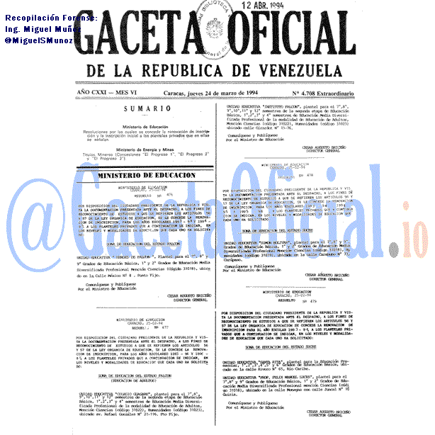 Gaceta Oficial 4708 del 24 Marzo 1994