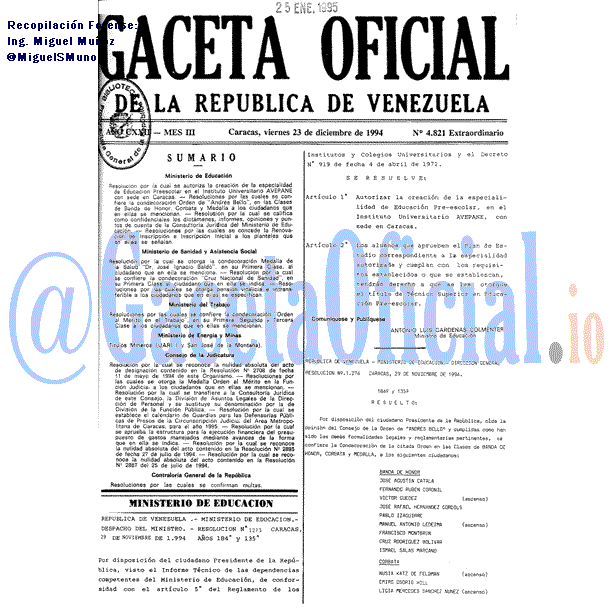 Gaceta Oficial 4821 del 23 Diciembre 1994