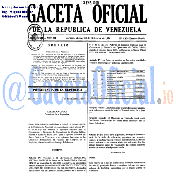 Gaceta Oficial 4834 del 30 Diciembre 1994