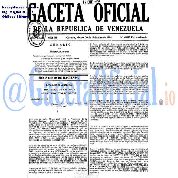 Gaceta Oficial 4838 del 30 Diciembre 1994