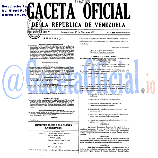 Gaceta Oficial 4855 del 13 Febrero 1995