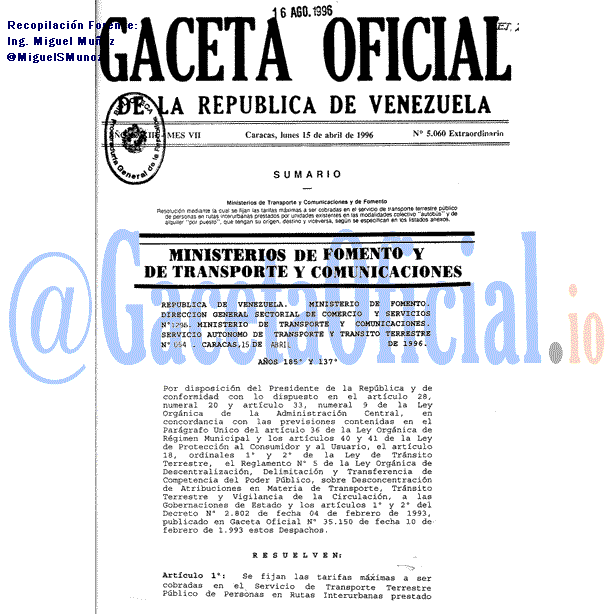 Gaceta Oficial 5060 del 15 Abril 1996