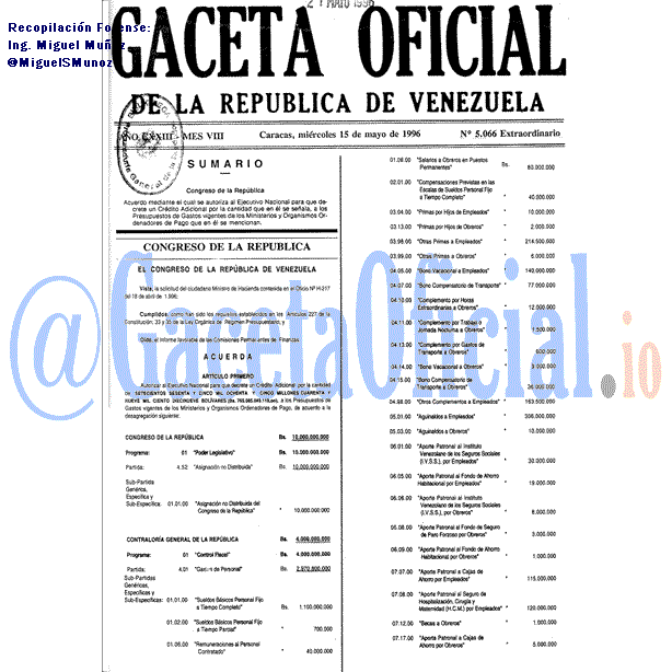 Gaceta Oficial 5066 del 15 Mayo 1996