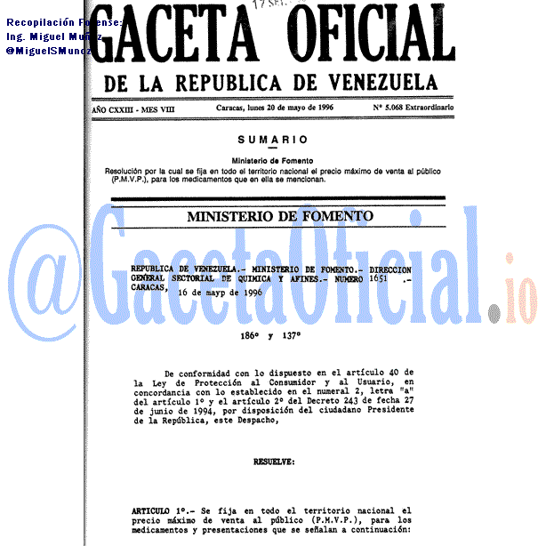 Gaceta Oficial 5068 del 20 Mayo 1996