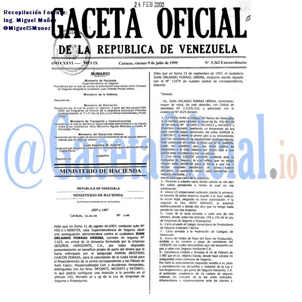 Gaceta Oficial 5362 del 9 Julio 1999