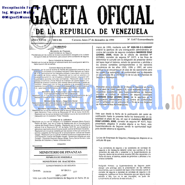 Gaceta Oficial 5417 del 27 Diciembre 1999