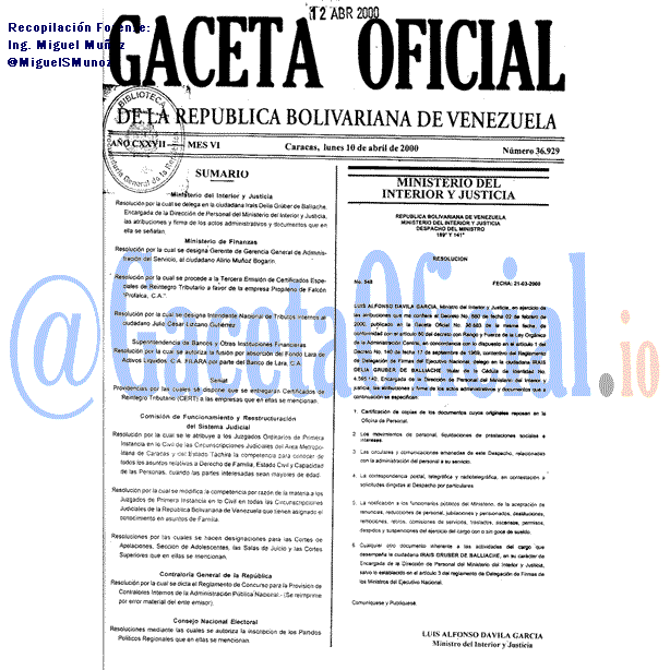 Gaceta Oficial 36929 del 10 Abril 2000