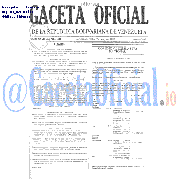 Gaceta Oficial 36952 del 17 Mayo 2000