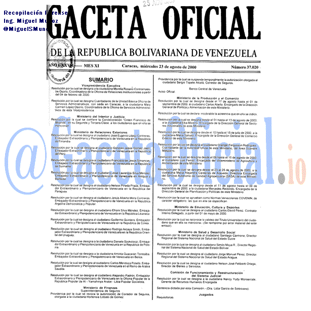 Gaceta Oficial 37020 del 23 Agosto 2000