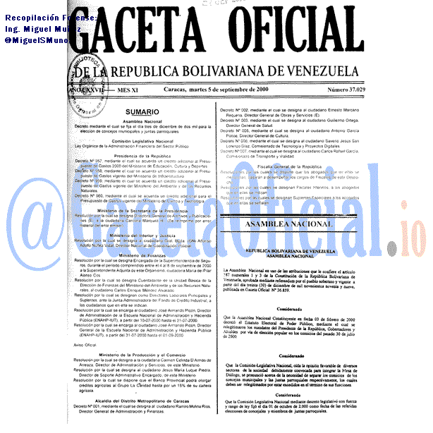 Gaceta Oficial 37029 del 5 Septiembre 2000