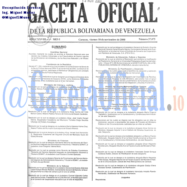 Gaceta Oficial 37075 del 10 Noviembre 2000