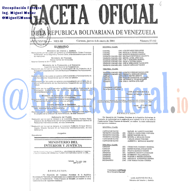 Gaceta Oficial 37112 del 4 Enero 2001