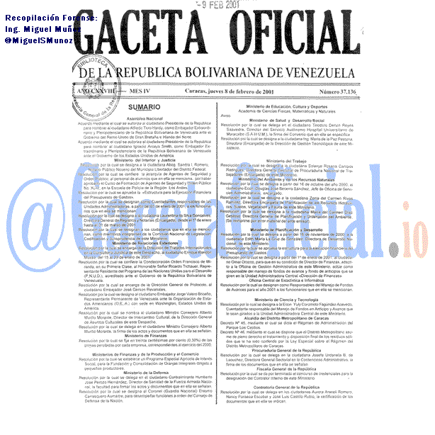 Gaceta Oficial 37136 del 8 Febrero 2001