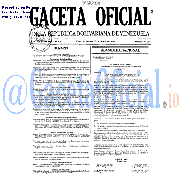 Gaceta Oficial 37162 del 20 Marzo 2001