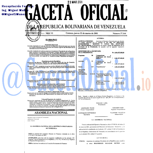 Gaceta Oficial 37164 del 22 Marzo 2001