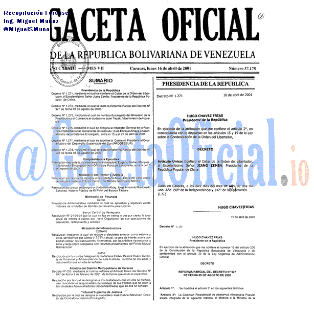 Gaceta Oficial 37178 del 16 Abril 2001