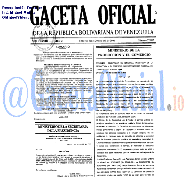 Gaceta Oficial 37187 del 30 Abril 2001