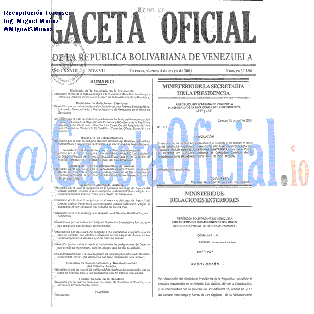 Gaceta Oficial 37190 del 4 Mayo 2001