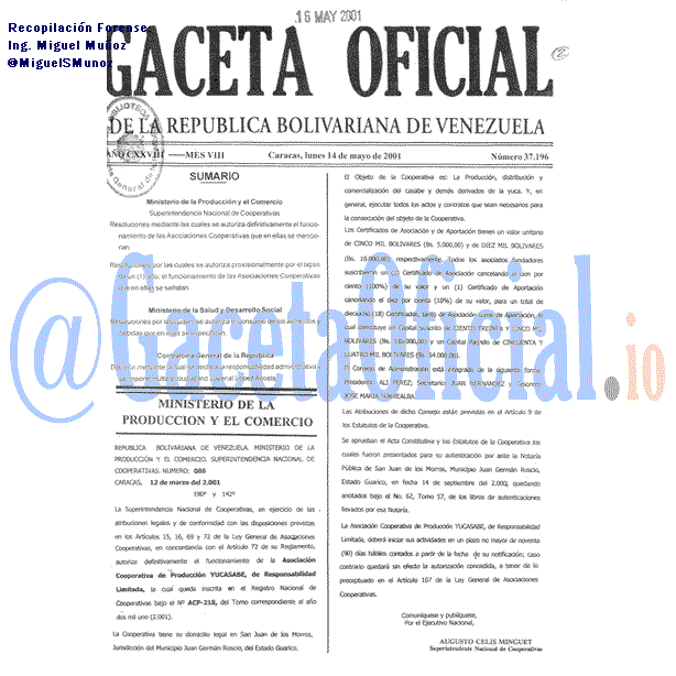 Gaceta Oficial 37196 del 14 Mayo 2001