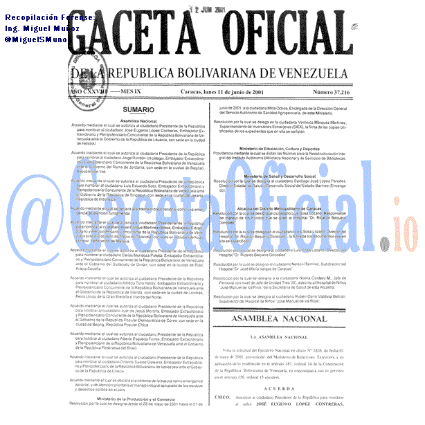Gaceta Oficial 37216 del 11 Junio 2001