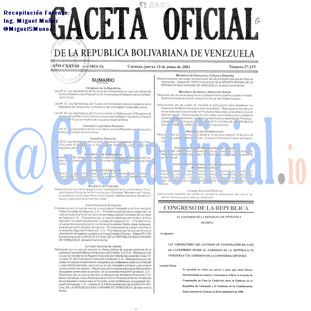 Gaceta Oficial 37219 del 14 Junio 2001
