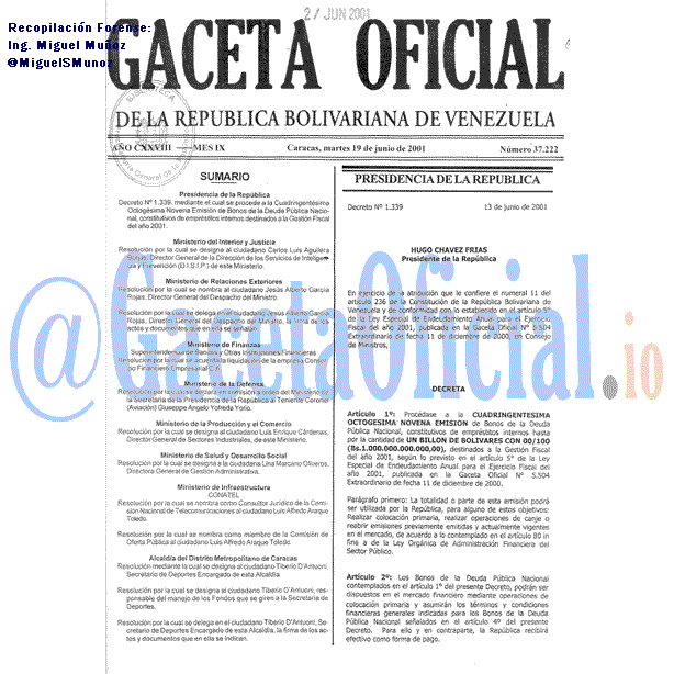 Gaceta Oficial 37222 del 19 Junio 2001