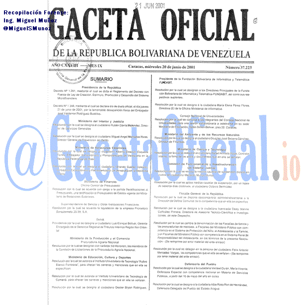 Gaceta Oficial 37223 del 20 Junio 2001