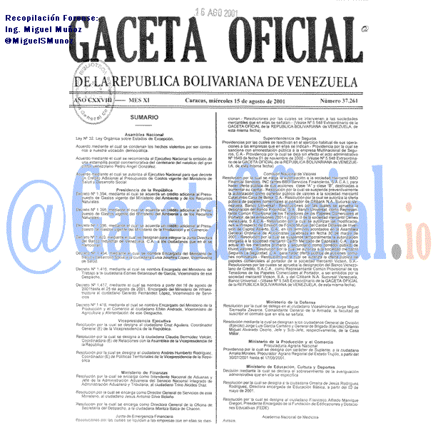 Gaceta Oficial 37261 del 15 Agosto 2001