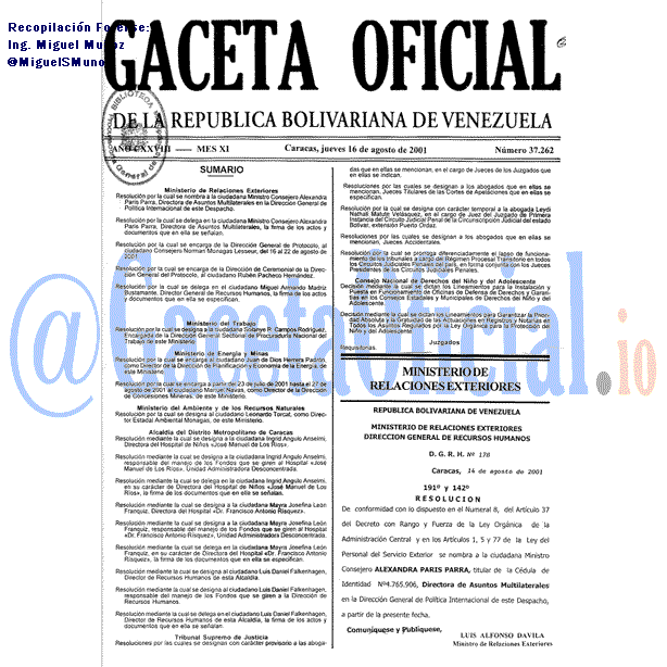 Gaceta Oficial 37262 del 16 Agosto 2001