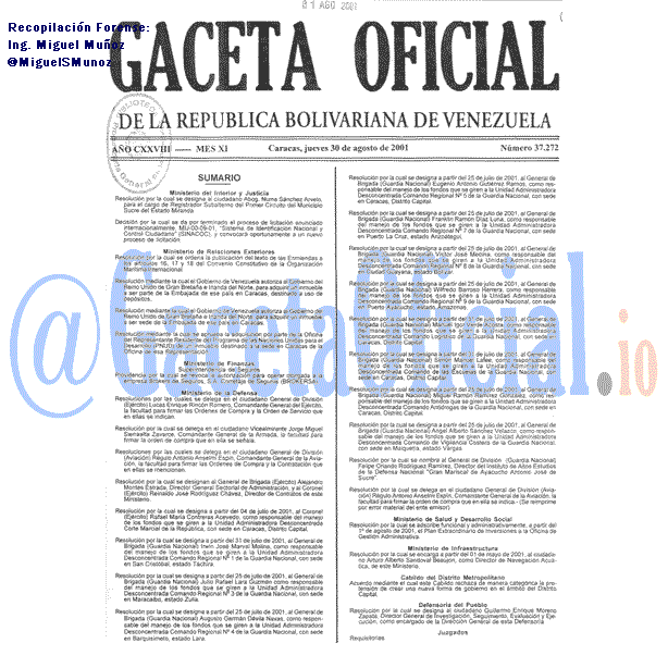 Gaceta Oficial 37272 del 30 Agosto 2001