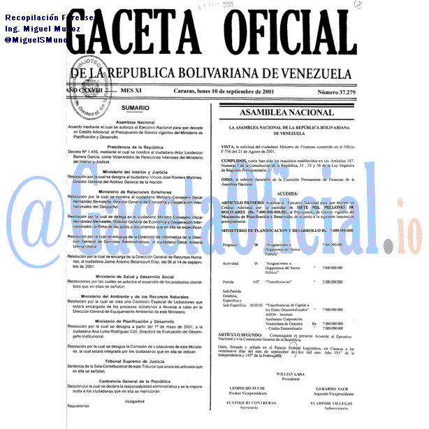 Gaceta Oficial 37279 del 10 Septiembre 2001