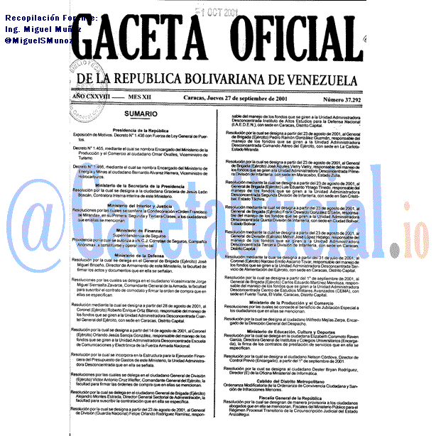 Gaceta Oficial 37292 del 27 Septiembre 2001