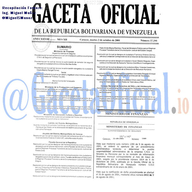 Gaceta Oficial 37295 del 2 Octubre 2001
