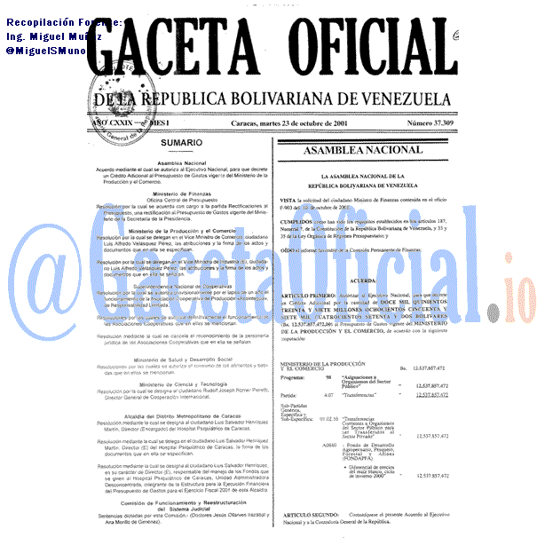 Gaceta Oficial 37309 del 23 Octubre 2001