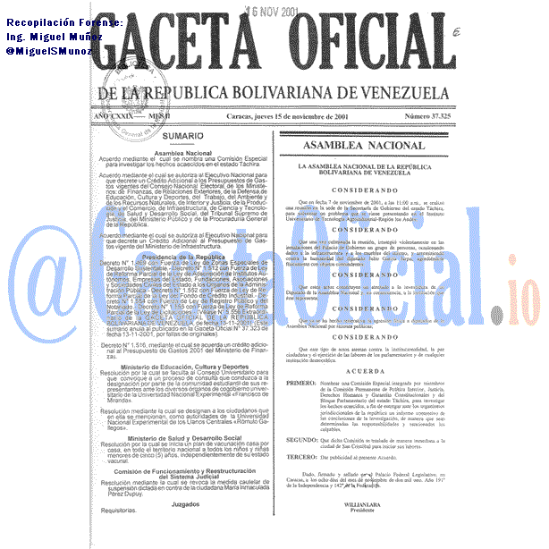 Gaceta Oficial 37325 del 15 Noviembre 2001