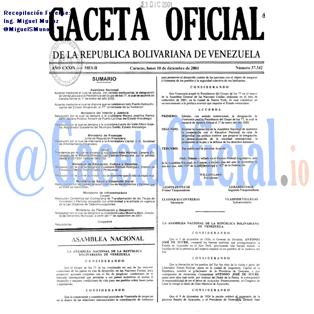 Gaceta Oficial 37342 del 10 Diciembre 2001