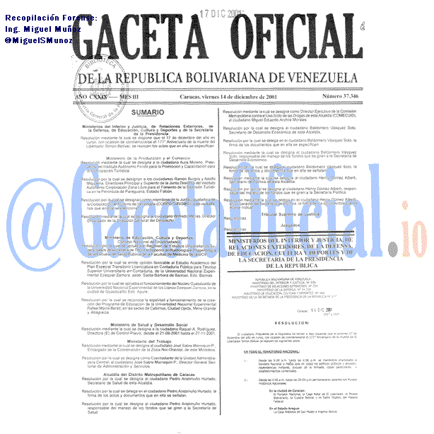 Gaceta Oficial 37346 del 14 Diciembre 2001