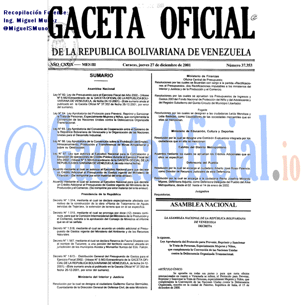Gaceta Oficial 37353 del 27 Diciembre 2001