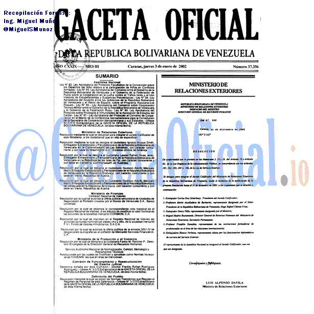 Gaceta Oficial 37356 del 3 Enero 2002