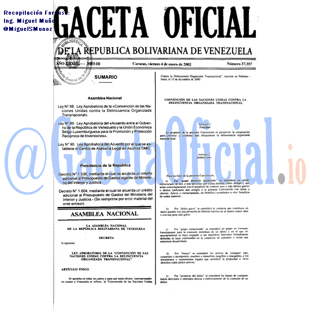 Gaceta Oficial 37357 del 4 Enero 2002