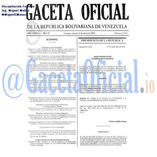 Gaceta Oficial 37362 del 11 Enero 2002