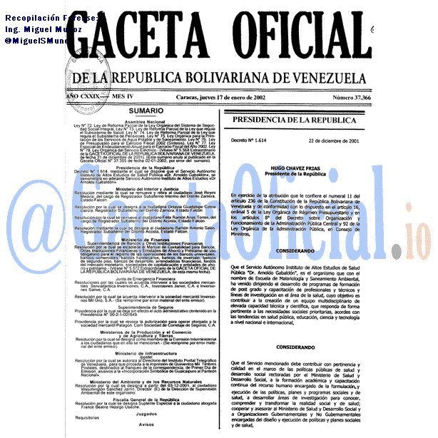 Gaceta Oficial 37366 del 17 Enero 2002