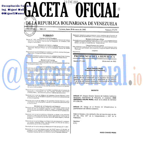 Gaceta Oficial 37373 del 28 Enero 2002